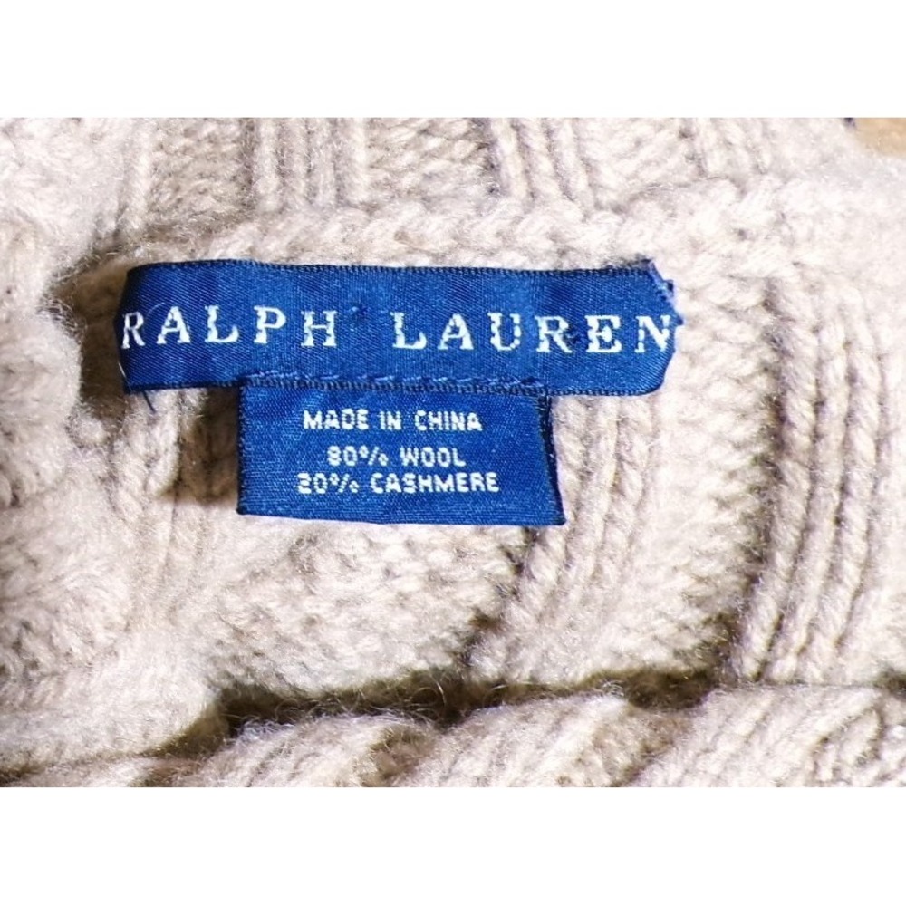 vtg Ralph Lauren Cable knit Sweater M Cashmere Tan Cowl neck button-shoulder y2k - Picture 7 of 10
